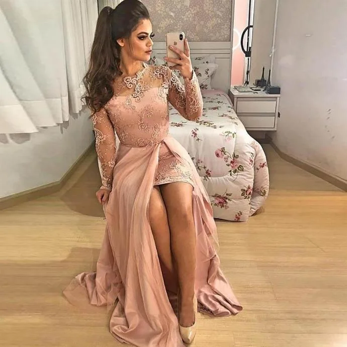 Women's Sporty Chic Clothes Graceful Movement Custom O-Neck Long Sleeve Applique Lace NONE Train Satin New Prom Party Gown Straight Evening Dresses Thigh-High Slits Dresses   cg13409