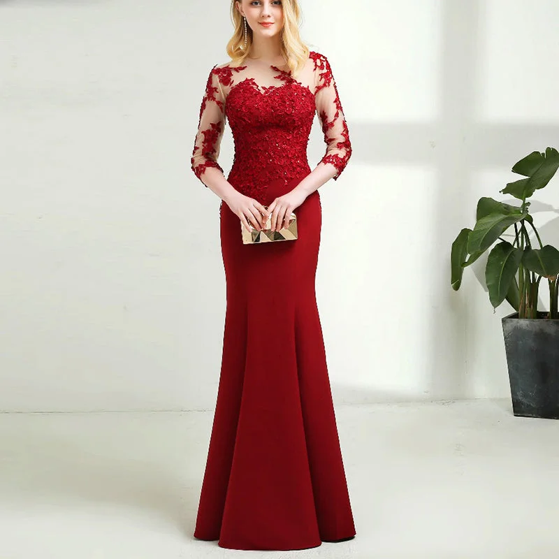 Women's Formal Clothes Last Chance Sale Elegant red Long Sleeves Mermaid Mother of the Bride Dress Lace Women Evening Gown