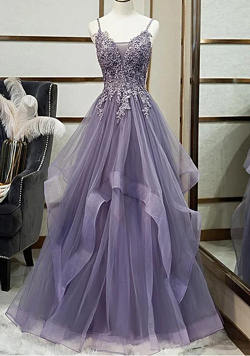 Women's Casual Attire Tulle Long V-Neckline Straps Layers Prom Dress, Evening Gown Formal Dress   cg10787