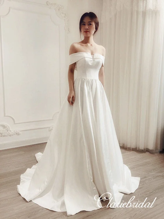 Women's Functional Apparel For Outdoor Activities Limited - Time Bundle Off Shoulder A-line Ivory Satin Elegant Wedding Dresses