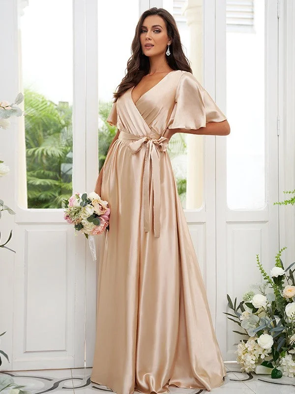 Women's Chic Outerwear Garments Bold Patterns A-Line/Princess Silk like Satin Sash/Ribbon/Belt V-neck Short Sleeves Floor-Length Bridesmaid Dresses