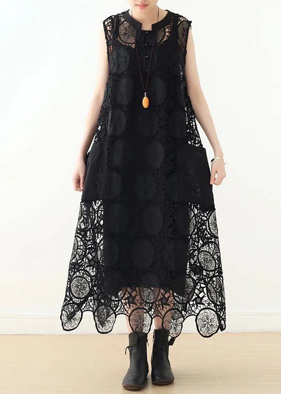 Timeless Women's Clothing Spring Fling Sale DIY hollow out cotton Long Shirts Runway black sleeveless Art Dress summer