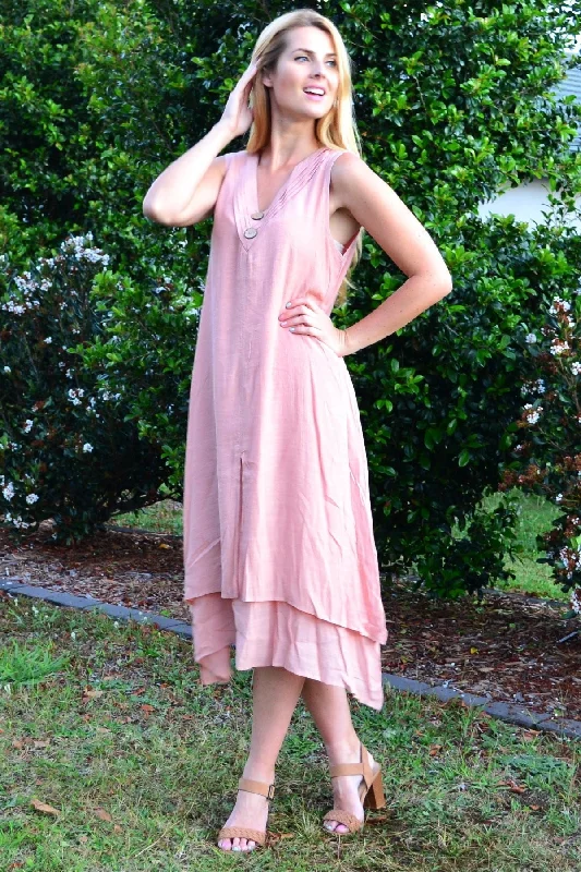 Sustainable Women's Apparel Spring Fling Sale Blush Pink Sleeveless Coconut Button Tunic Dress