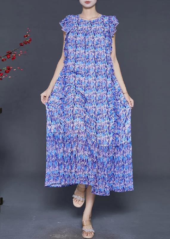 Women's Elegant Outfit Luxury Comfort Natural Blue Ruffled Print Chiffon Vacation Dresses Sleeveless