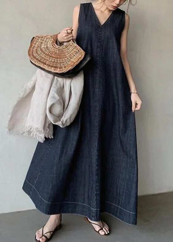 Women's Occasion Wear Clothes Dreamy Draping Plus Size Black Necek Tie Patchwork Solid Holiday Maxi Denim Dress Sleeveless