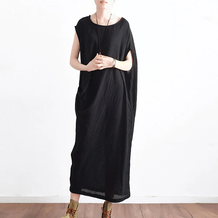 Fashion-Forward Women's Clothing Anniversary Sale Black casual asymmetrical baggy linen summer dresses oversized sleeveless cotton