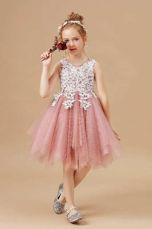 Women's Romantic Outfit Dreamy Draping Chic Asymmetrical Sleeveless Applique Tulle Flower Girl Dress