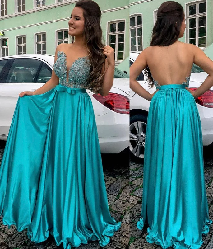 Women's Luxury Attire Buy More, Save More BLUE SATIN LACE LONG PROM DRESS EVENING DRESS    cg11901