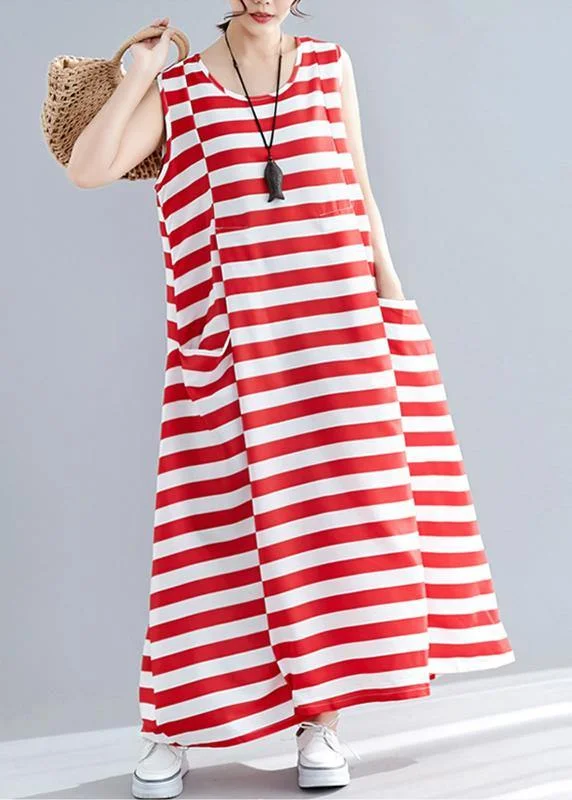 Women's High-End Clothing Beat the Heat in Tropical Styles Chic red striped cotton clothes Women sleeveless o neck pockets long summer Dress