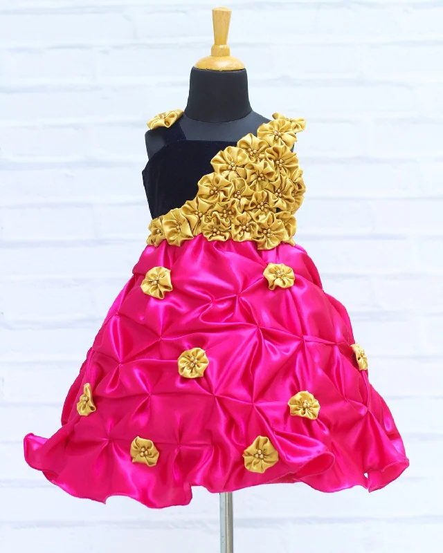 Women's Activewear Apparel Pre-Order: Rani Pink and Marry Gold Smoky Gown with Hand Crafted Flowers