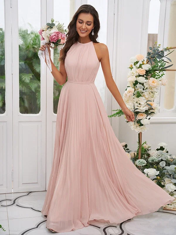 Women's Outdoor Activity Garments Luxe Layering A-Line/Princess Chiffon Ruffles Halter Sleeveless Floor-Length Bridesmaid Dresses