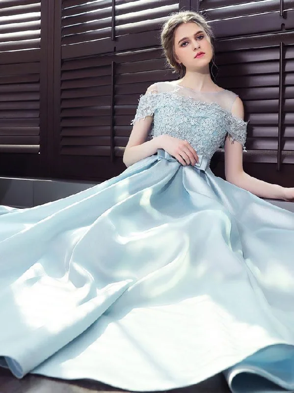 Comfortable Garments For Women Statement Piece Light Blue Long Satin Lace Off Shoulder Floor Length Prom Dress, Blue Formal Dress   cg16500