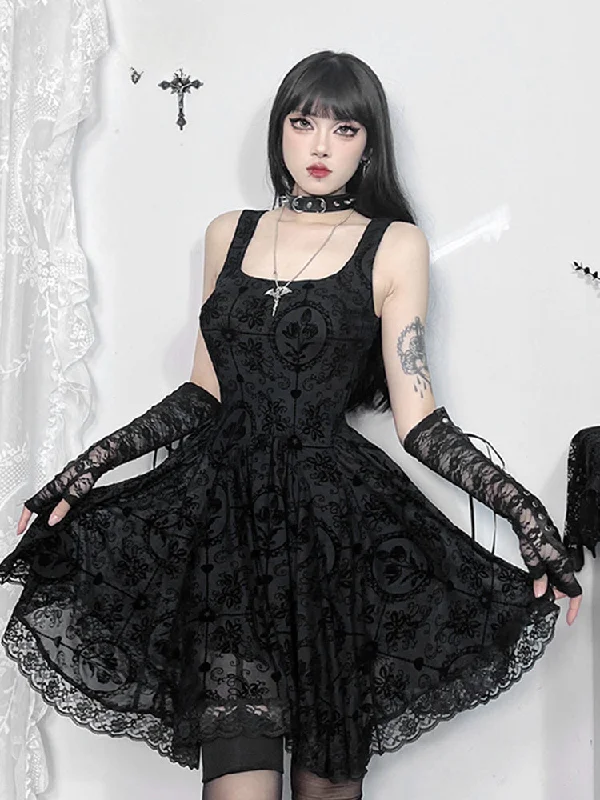 Women's Outerwear Apparel Graceful Movement Gothic Vintage Lace Patchwork Sleeveless Spaghetti Strap Bodycon Cami Dress