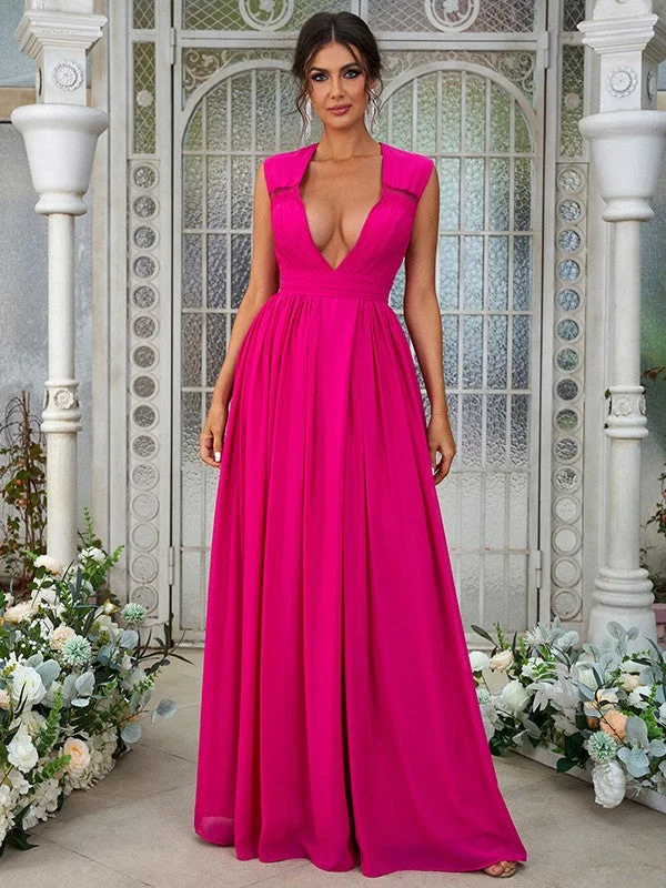 Women's Party Outfit Celebrate with Big Savings A-Line/Princess Chiffon Ruffles V-neck Sleeveless Floor-Length Bridesmaid Dresses