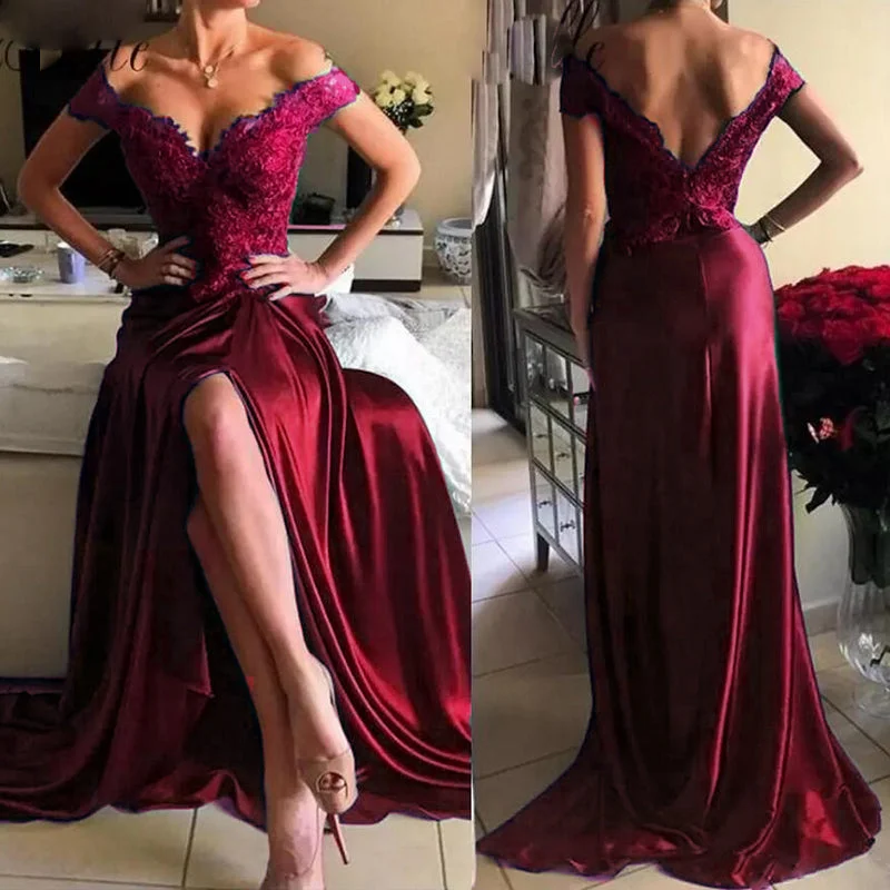 Women's Athletic Apparel Elegant Contour Off Shoulder Red Wine Lace Prom Dresses Long Sexy Slit Women Formal Gown  vestido de gala