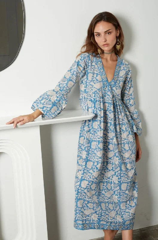 Women's Relaxed Outfit Subtle Sophistication Long Sleeve Bhavani Dress: Blue and Gold