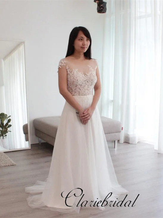 Women's Festive Attire Holiday Sale Cap Sleeves A-line Simple Lace Tulle Wedding Dresses