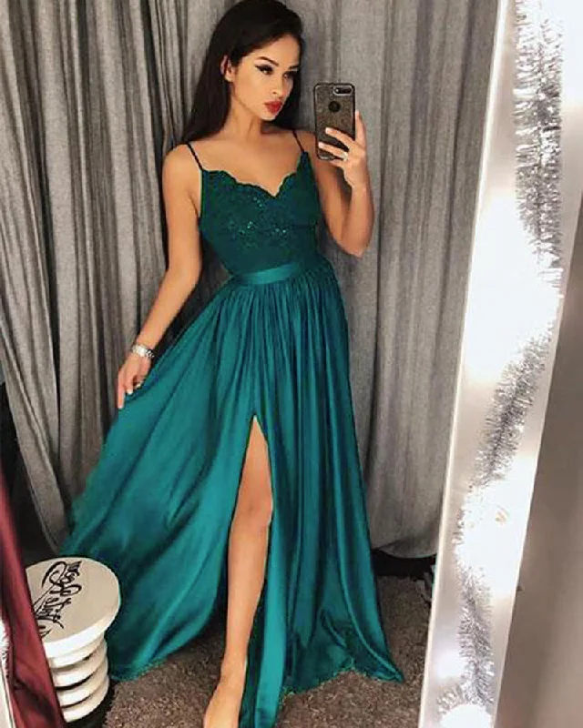 Affordable Luxury Women's Garments Save on Classic Elegant Styles Teal Long Spaghetti Straps Long Party Prom Dresses with Slit party Gown PL2058