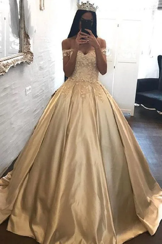 Women's Comfortable Clothes For Weekends Romantic Detailing Sexy prom dress, satin long prom dress, gold prom dress, off shoulder ball gown cg636