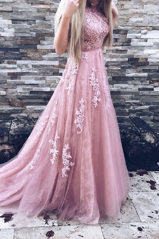 Modern Women's Attire Cute Pink Round Neckline Tulle and Lace Long prom Gowns, Pink Party Gowns, Formal Gowns cg5381