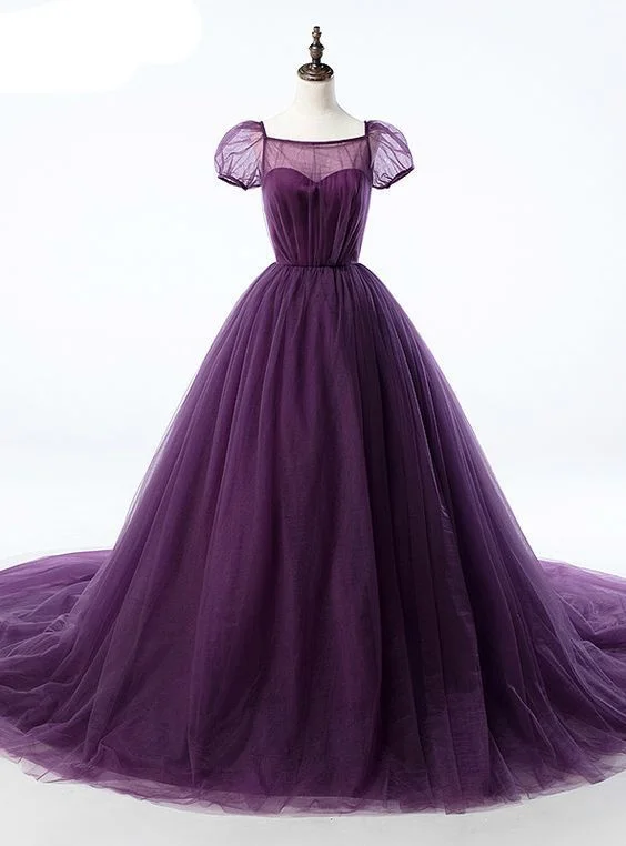 Women's Seasonal Attire Purple Ball Gown Tulle Short Sleeve Backless Train Prom Dress   cg10707