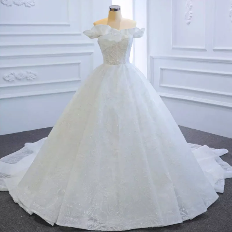 Women's Transitional Attire Clearance Event Sparkly Off the Shoulder Ball Gown Wedding Dress with Long Train