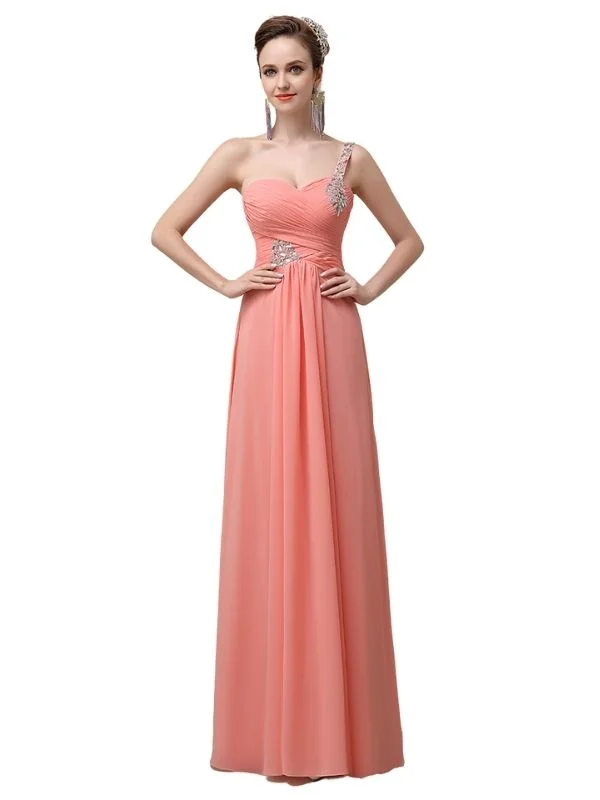 Affordable Women's Clothing Elegant Contour Sweatheart A-line Chiffon One Shoulder Floor-Length Long Bridesmaid Dresses