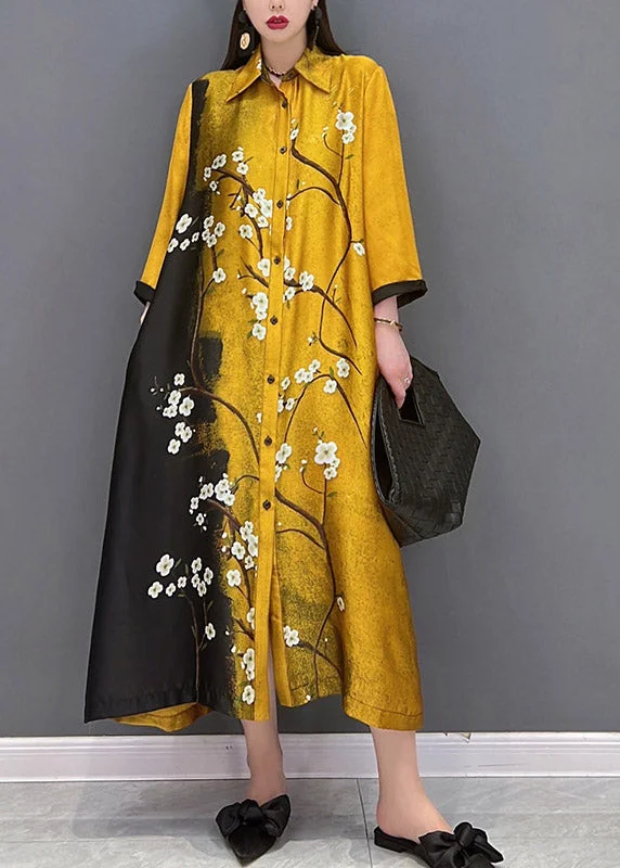 Women's Plus-Size Attire Feminine Elegance Vogue Yellow Peter Pan Collar Print Button Silk Long Dress Long Sleeve