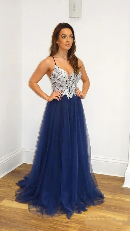 Women's Chic Outfit A Line Navy Blue Tulle Prom Dresses Spaghetti Straps Long Prom Gown  cg6297