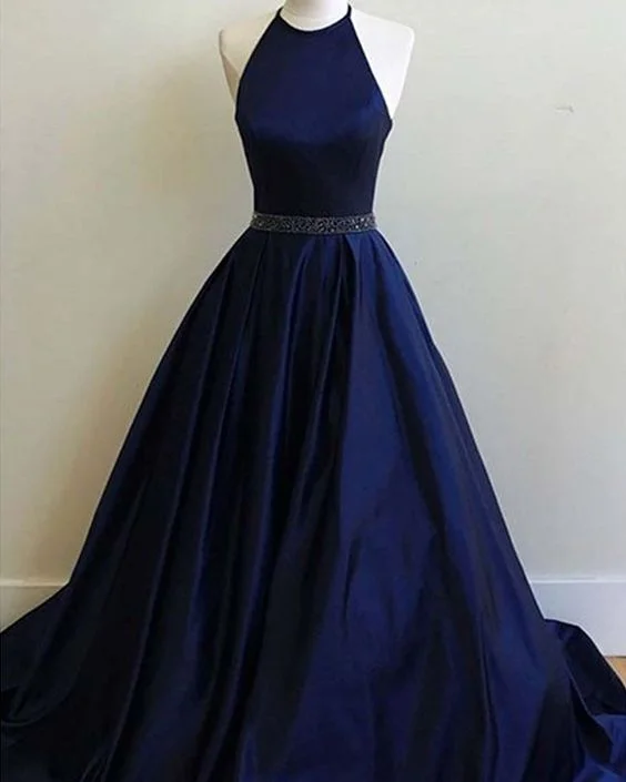 Women's Attire Hollywood Glam Award - Show Style halter navy blue satin prom dress with belt, long simple formal dress cg690