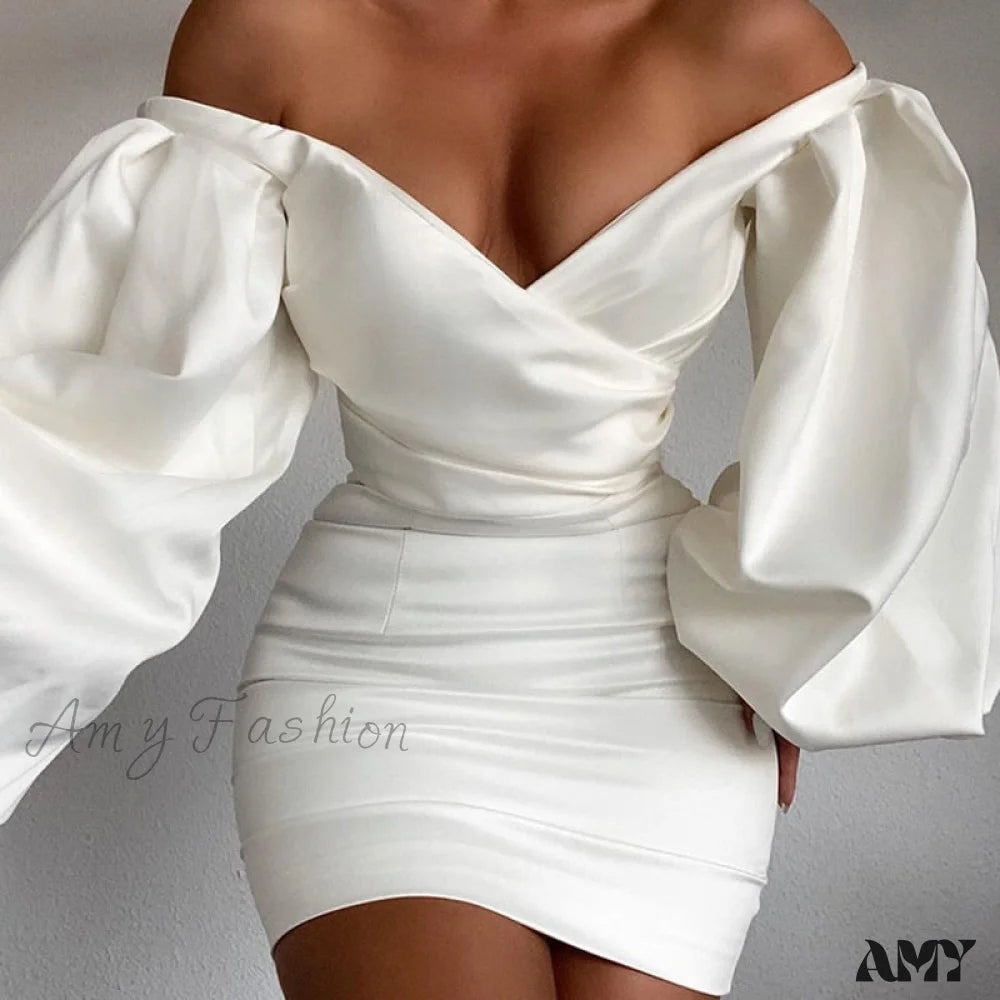 Casual Garments For Women Father's Day Deals Amy Fashion - White Off Shoulder Puff Long Sleeve Satin Dress