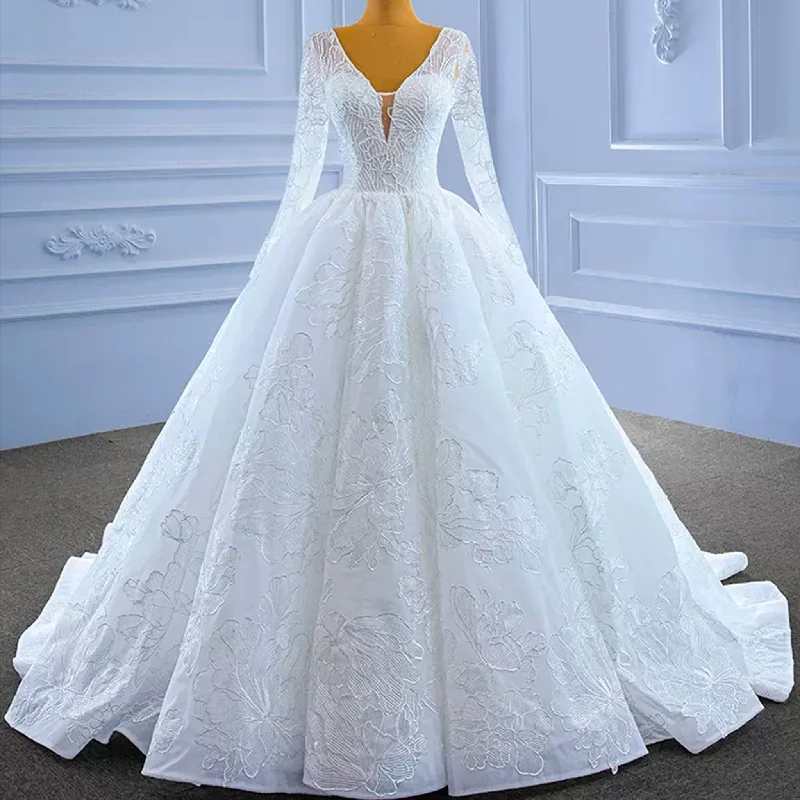 Women's High-End Clothing Subtle Sophistication Tulle V-neck Long Sleeve Beading Wedding Dress Ball Gown