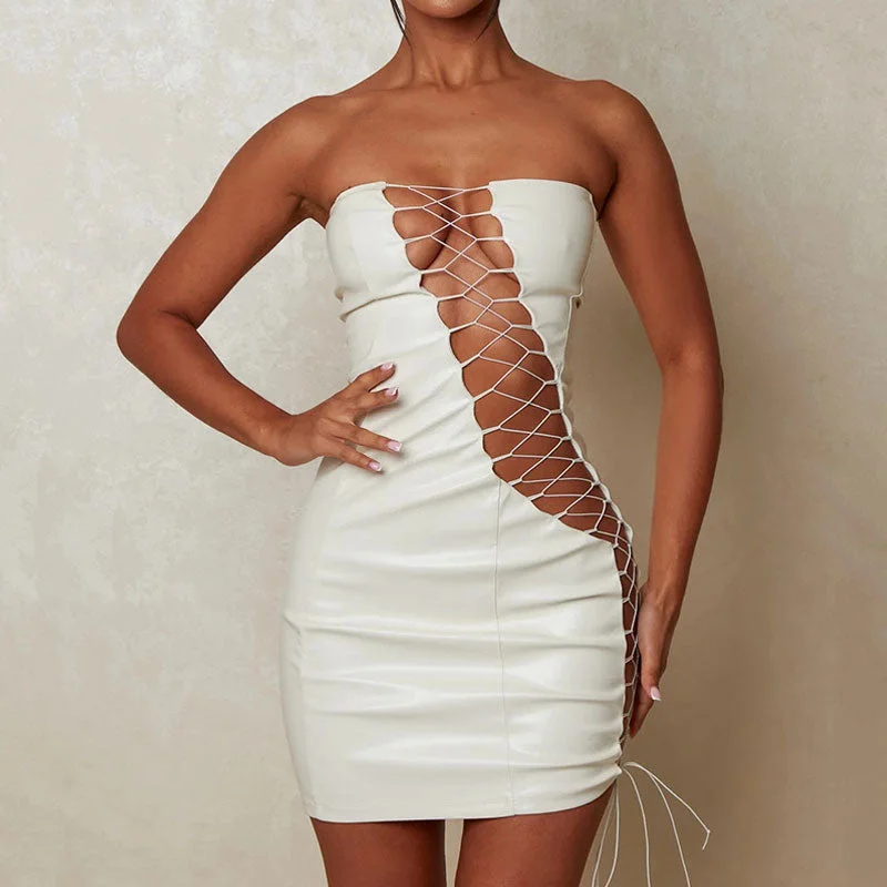 Women's Relaxed Clothes Seasonal Trend Sultry Strapless Lace Up Cut Out Bodycon Club Mini Dress - White