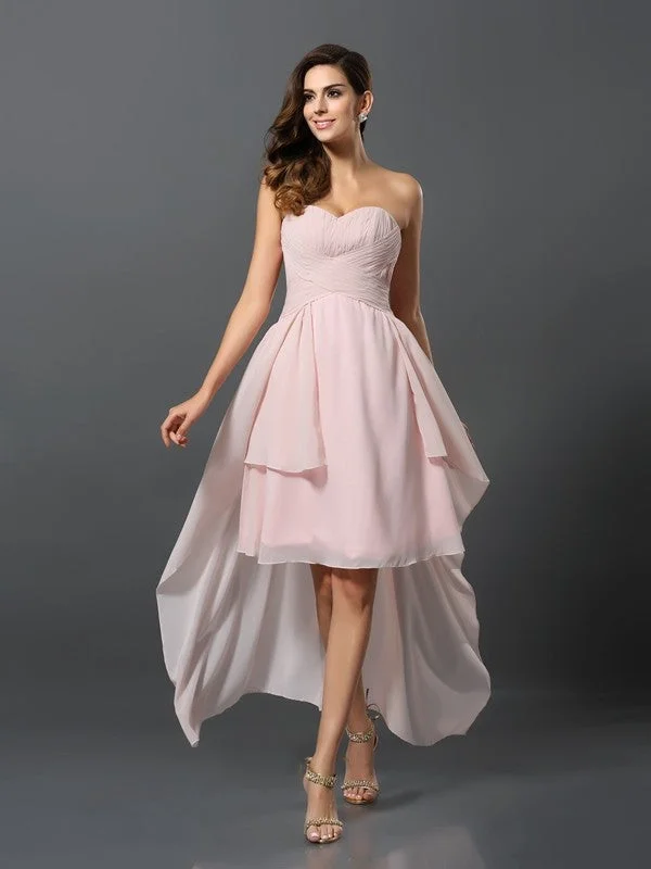 Women's Clothes And Garments Effortless Sophistication A-Line/Princess Sweetheart Pleats Sleeveless High Low Chiffon Bridesmaid Dresses