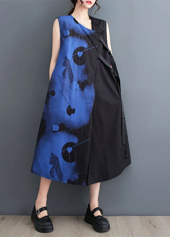 Stylish Women's Outerwear Apparel Now on Sale for Chic Urban Styles Organic Black V Neck Print Patchwork Cotton Dresses Sleeveless