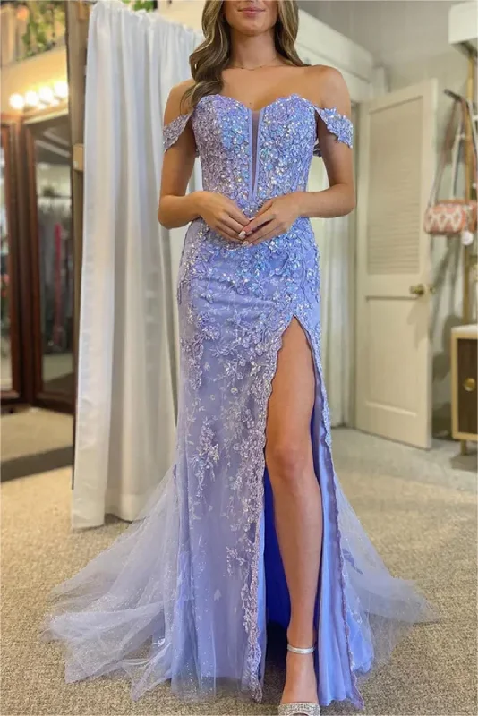 Women's Travel Attire Disco - Inspired Retro Dance Look Women Sheath Lace Prom Dresses Long Slit Appliques Evening Gowns Sleeveless Formal Party Dress YPD624