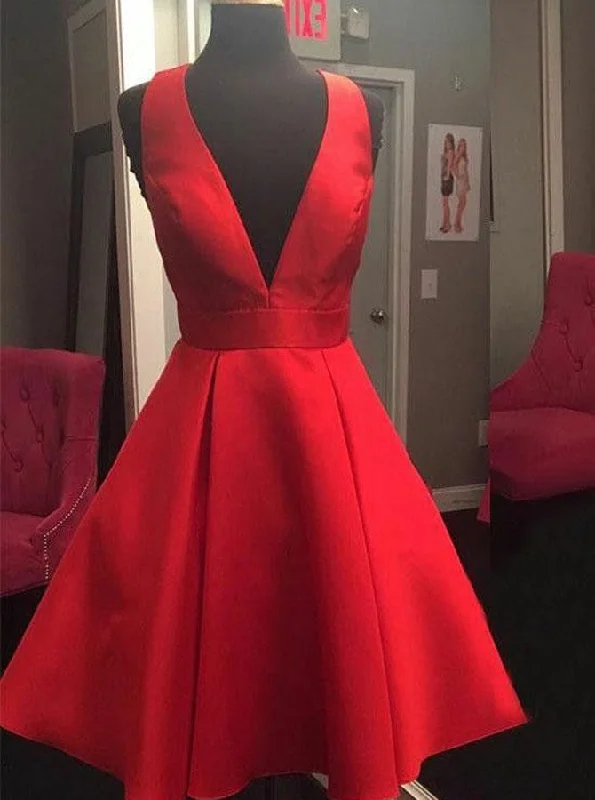 Women's Vacation Attire Artful Design Plunging Neckline Open Back Short Satin Red Cocktail Party Dress With Bowknot OC108