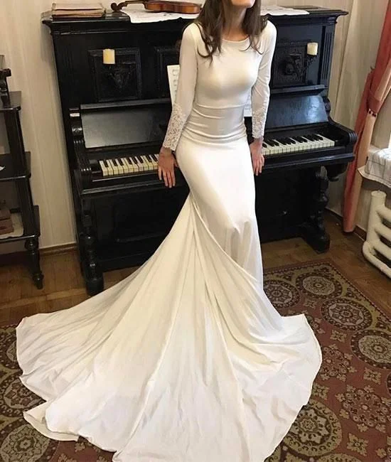 Women's Functional Outdoor Garments Dreamy Draping White Round Neck Satin Mermaid Long Prom Dresses White Evening Dress Party Gown  cg7228