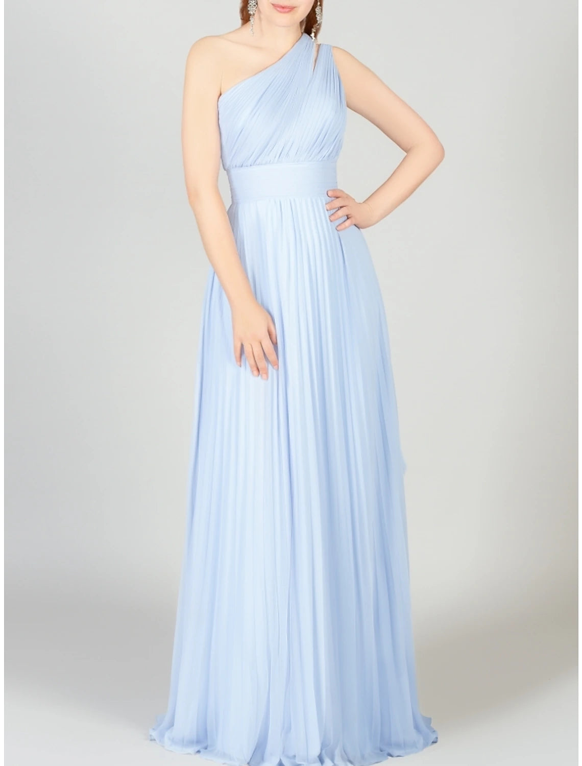 Luxury Women's Clothes Parisian Effortless Chic Style A-Line Bridesmaid Dress One Shoulder Sleeveless Blue Floor Length Chiffon with Ruching