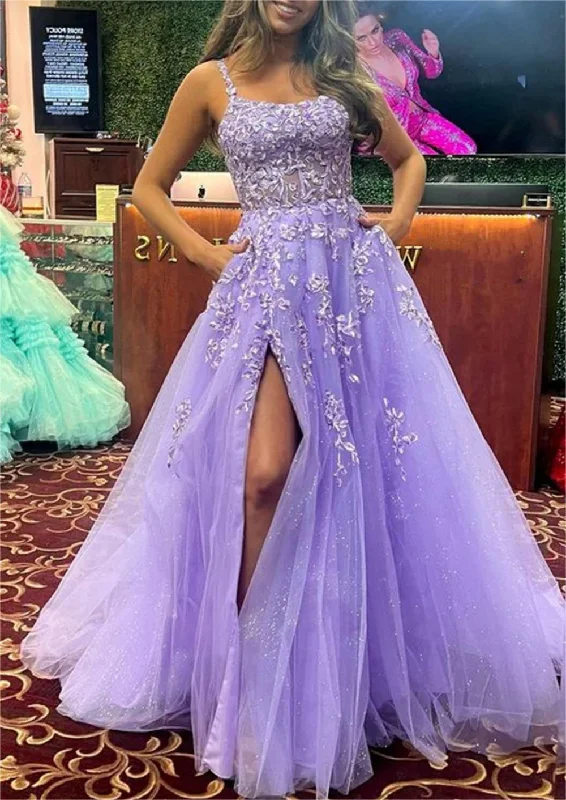 Women's Seasonal Attire Final Clearance Women Slit Lace Prom Dresses Long Spaghetti Straps Appliques Evening Gowns Sleeveless Formal Party Dress YPD622