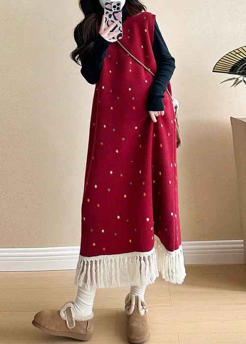 Women's Plus-Size Casual Outfit Fashion-Forward Style Women Red Tasseled Patchwork Knit Vest Long Dress Sleeveless