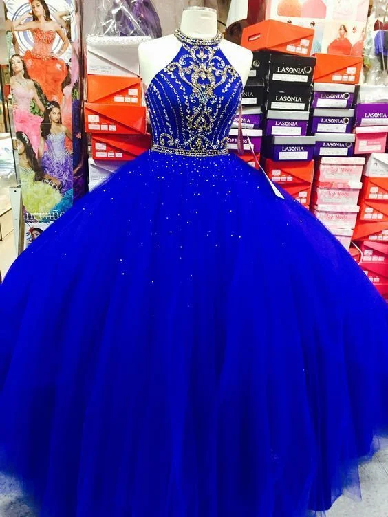 Women's Stylish Casual Garments Royal Blue Halter Tulle Quinceanera Dresses, Elegant Ball Gown Prom Dresses, Sweet 16 Prom Dress cg4205