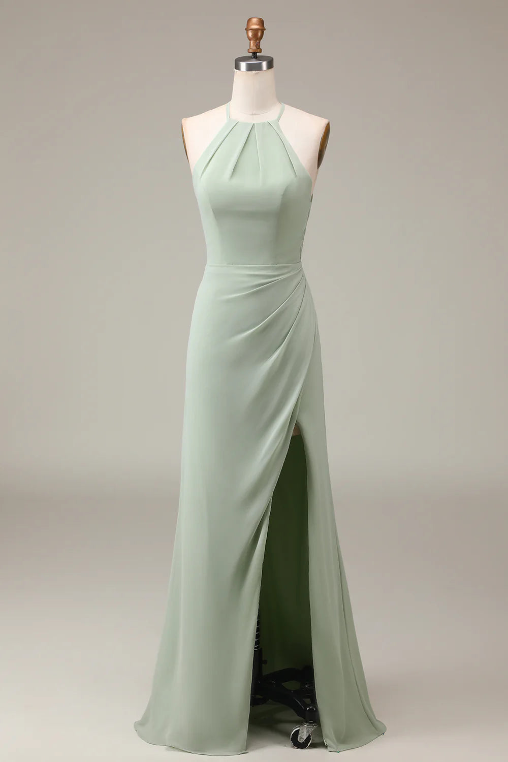 Vintage-Inspired Women's Clothes Romantic Detailing Amzcw Matcha Halter Neck Sheath Pleated Bridesmaid Dress with Slit