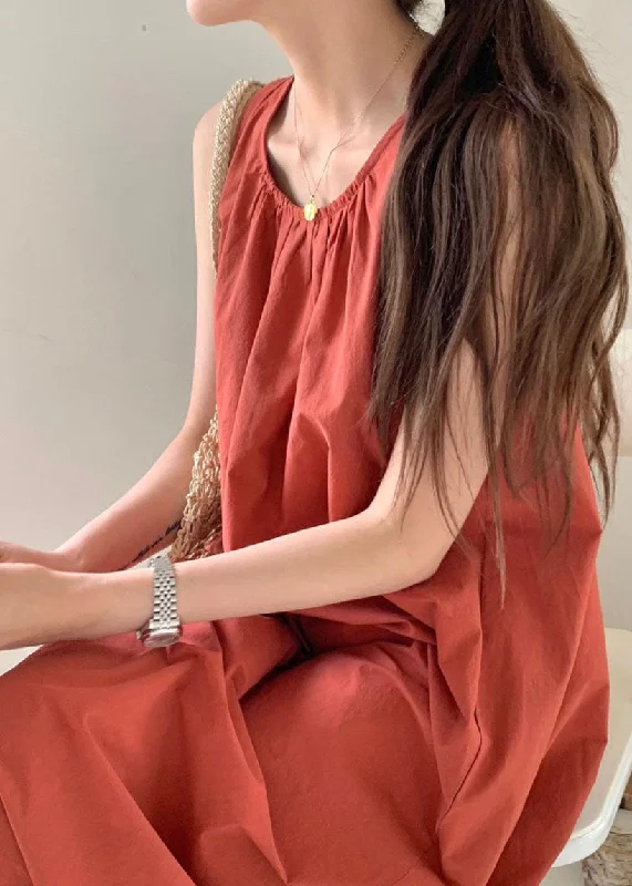 Women's Evening Outfit Playful Elegance Fashion Brick Red O-Neck Oversized Cotton Beach Dress Sleeveless