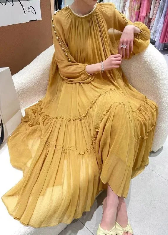 Women's Evening Garments Lightweight Fabric DIY Yellow O-Neck Nail bead Ruffled Silk Dress Long Sleeve