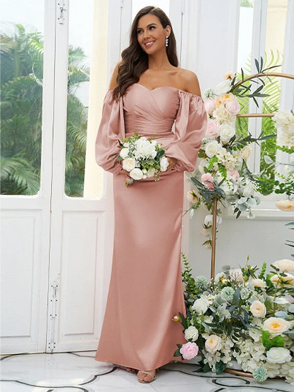 Women's Clothes And Garments Minimalist Chic Sheath/Column Silk like Satin Ruched Off-the-Shoulder Long Sleeves Floor-Length Bridesmaid Dresses