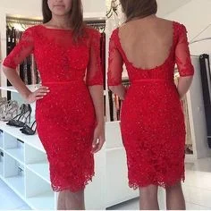 Trendy Athleisure Clothing For Women Half Sleeve short homecoming Dress with Beaded, Red Lace Evening Dress,Knee Length Gown  cg6749