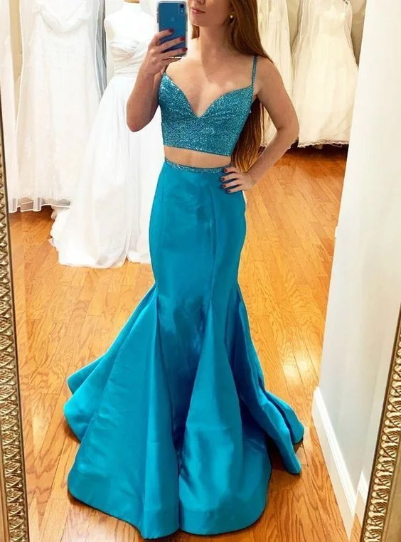 Women's Occasion Wear Clothing Update with Cottagecore Styles Blue Mermaid Two Piece Satin Spaghetti Straps Prom Dress   cg10704