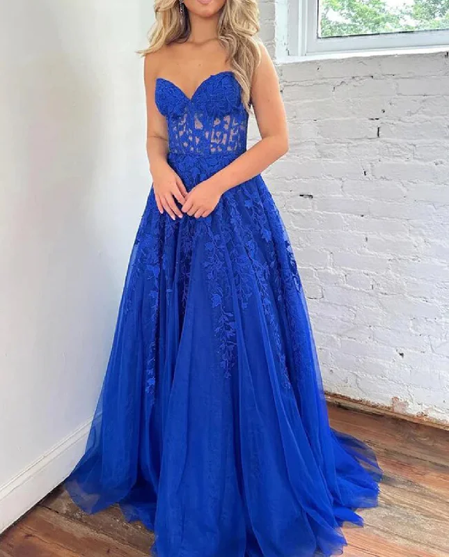 Women's Trendy Outfit Celebrate with Big Savings Women A-Line Lace Prom Dresses Long Strapless Appliques Evening Gowns Sleeveless Formal Party Dress YPD674