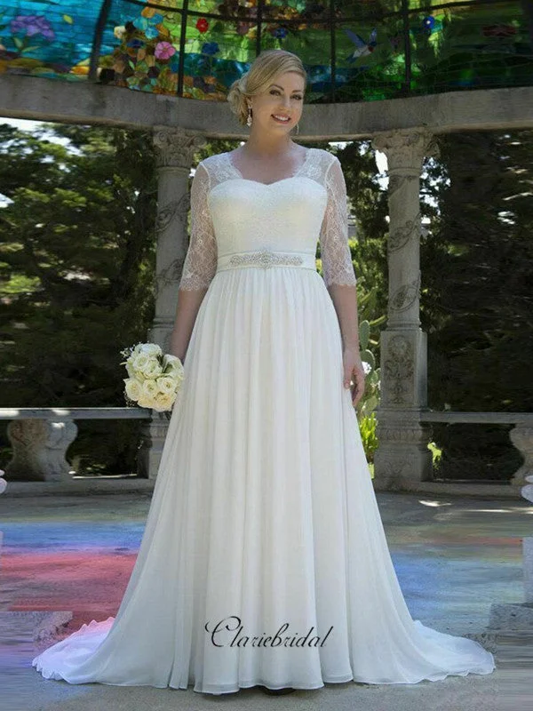 Fashionable Women's Clothes Artful Design Sweetheart Mid Sleeves Lace Wedding Dresses, Elegant Beaded A-line Bridal Gowns